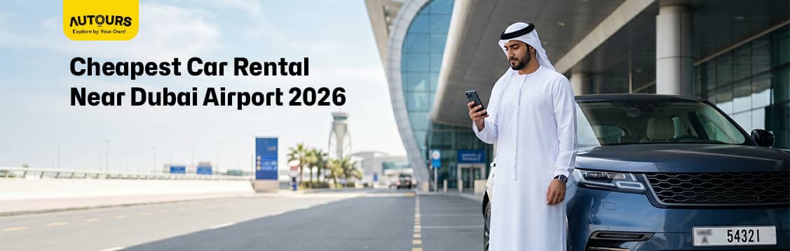 Cheap car rental at Dubai Airport (DXB) with economy cars parked outside Terminal 3