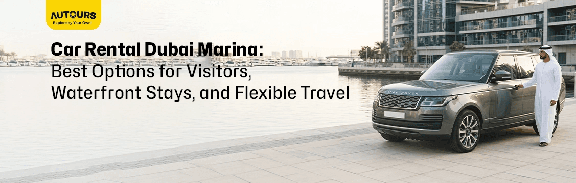 Rental car driving along a waterfront road near Dubai Marina towers and yacht promenade