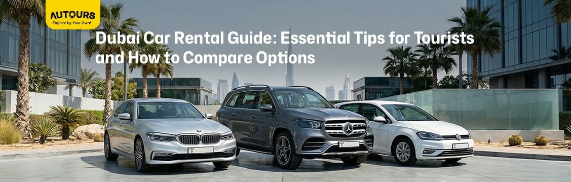 Premium sedan available for rent with Burj Khalifa visible, highlighting Dubai's luxury car options