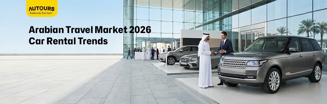Arabian Travel Market 2026 exhibition hall in Dubai showing car rental and mobility solutions