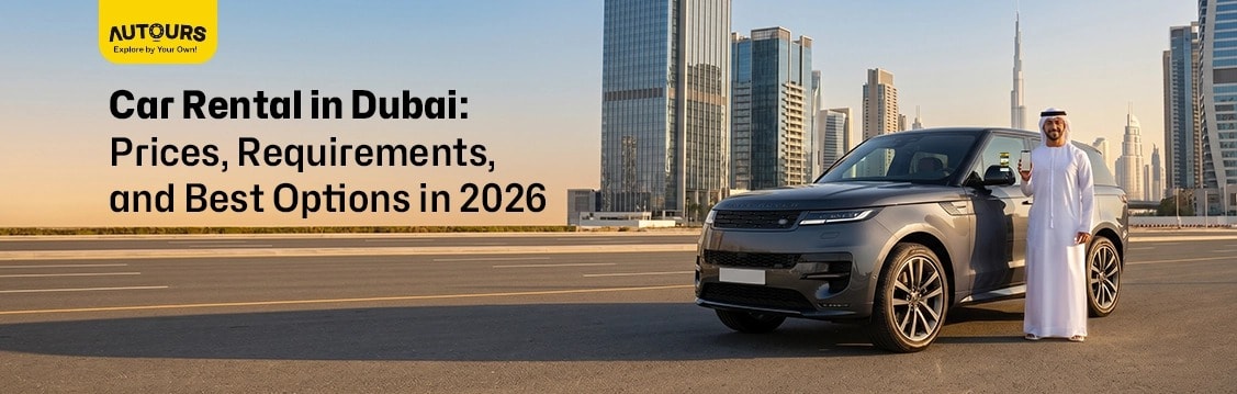 Car rental Dubai service with modern rental cars on a Dubai city road