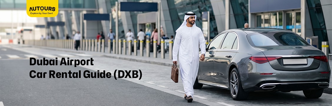 Dubai Airport car rental pickup area at DXB Terminal 3 with rental vehicles ready for travelers