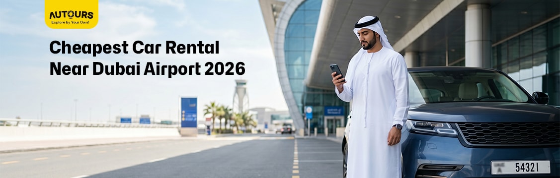Cheap car rental at Dubai Airport (DXB) with economy cars parked outside Terminal 3