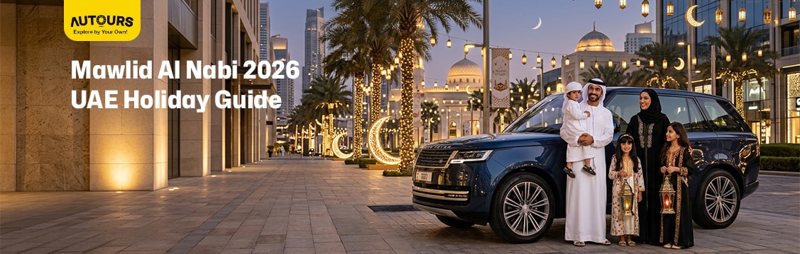 Mawlid Al Nabi UAE 2026 holiday with rental cars parked in Dubai and Abu Dhabi, illustrating long weekend travel and car rental deals in the UAE.