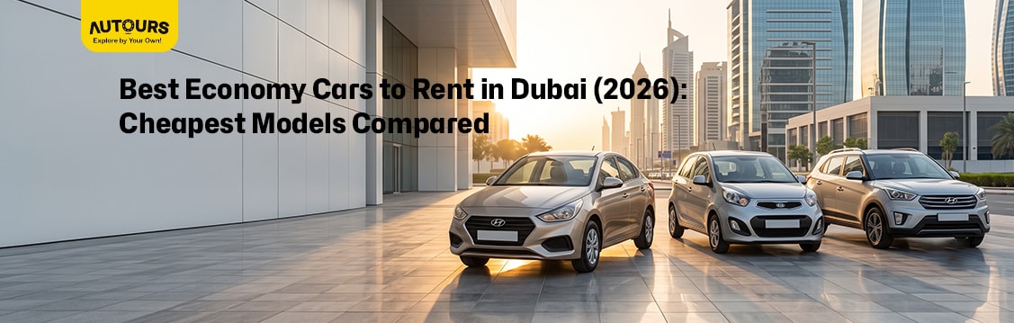 Kia Picanto and Nissan Sunny parked in Dubai Marina with city skyline in background, cheapest economy rental cars for 2026