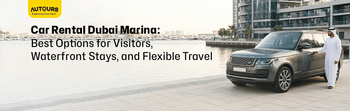 Rental car driving along a waterfront road near Dubai Marina towers and yacht promenade
