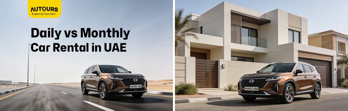Modern cars parked with Dubai skyline background for UAE car rental