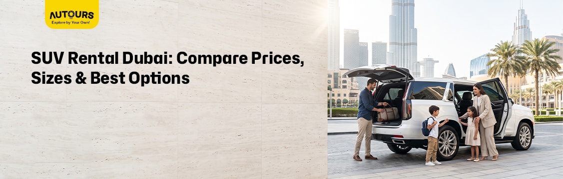 Comparison of compact, mid-size, full-size 7-seater, and luxury SUV rental options parked in Dubai