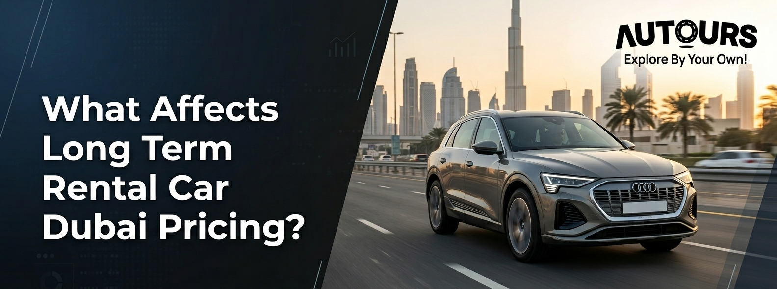 Modern grey luxury SUV driving on a multi-lane Dubai highway with a blurred city skyline background at sunset, featuring a clean dark geometric graphic element on the left side.