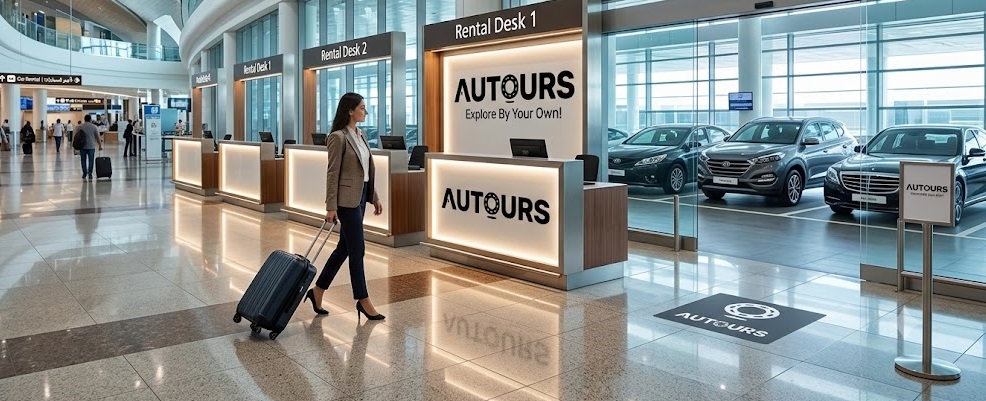 Dubai Airport car rental pickup area at DXB Terminal 3 with travelers collecting rental vehicles