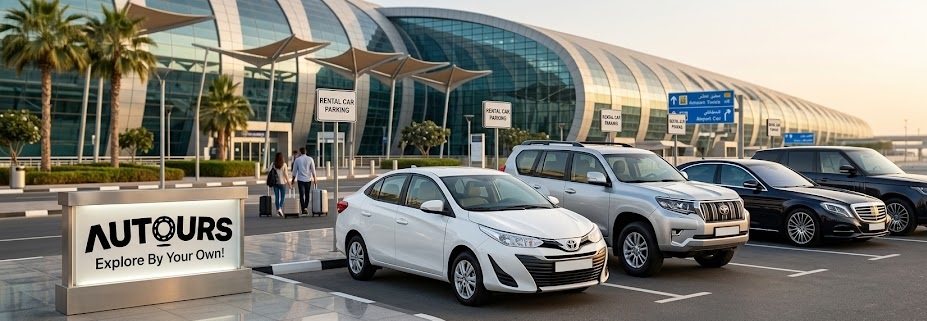 Economy, SUV, and luxury rental cars parked at Dubai International Airport (DXB) Terminal 3 for travelers comparing airport car rental options.